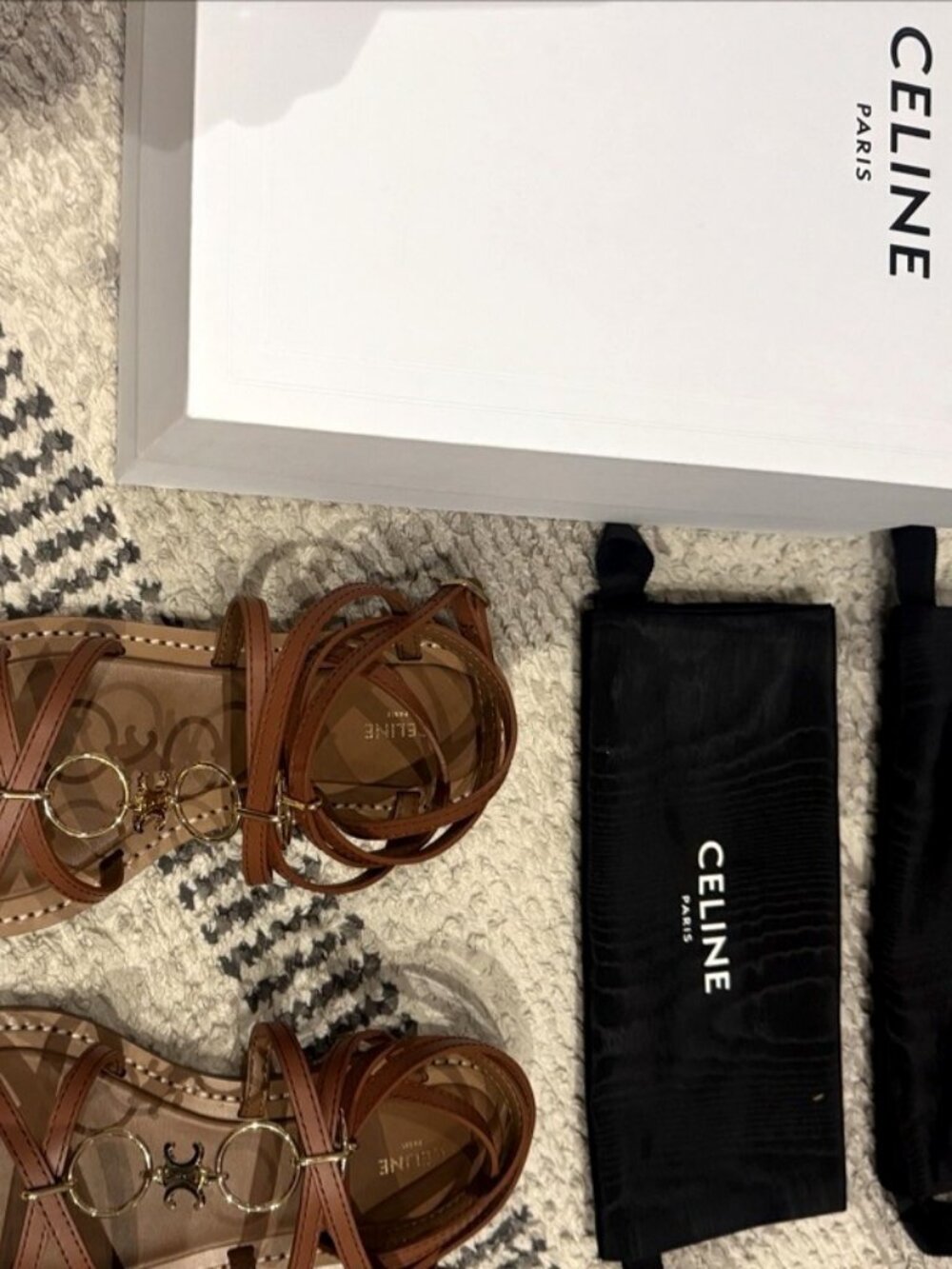 Celine Lympia Strappy Jewel Sandal 15 Tan Calfskin 38.5 New in Box
